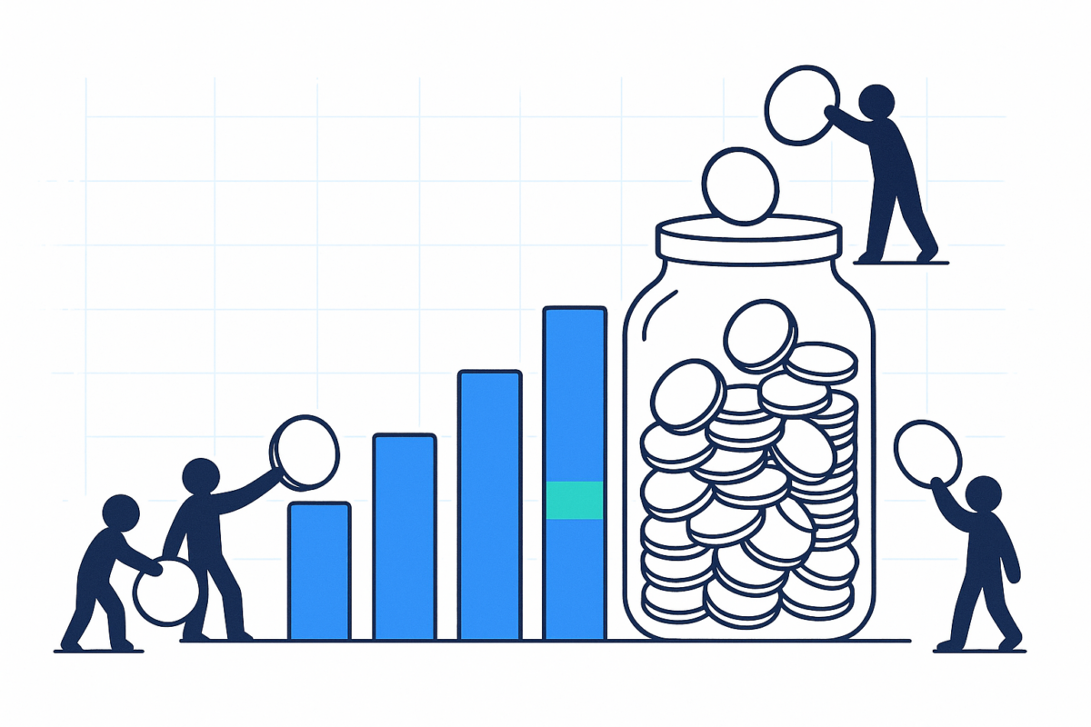 Ilustración del crowdfunding: muchos inversores financian juntos un proyecto